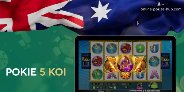 monitor with pokie 5 koi, australian flag, inscription on green playing chips and dice background