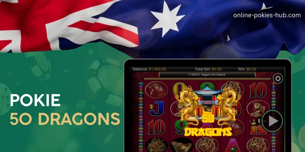 monitor with pokie 50 dragons, australian flag, inscription on green playing chips and dice background