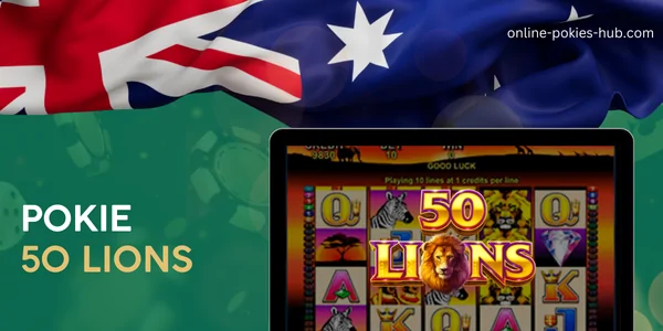 monitor with pokie 50 lions, australian flag, inscription on green playing chips and dice background