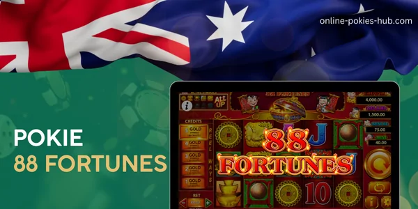 monitor with pokie 88 fortunes, australian flag, inscription on green playing chips and dice background