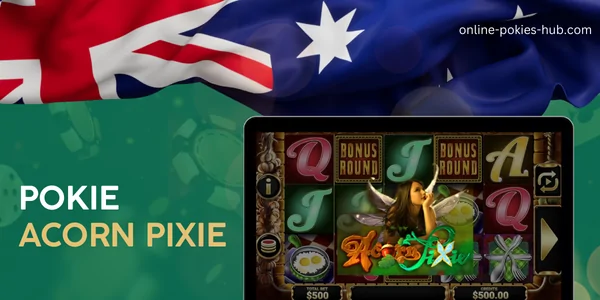 monitor with pokie acorn pixie, australian flag, inscription on green playing chips and dice background