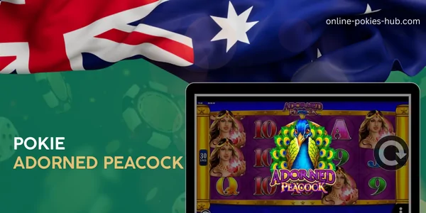 monitor with pokie adorned peacock, australian flag, inscription on green playing chips and dice background