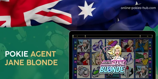 monitor with pokie agent jane blonde, australian flag, inscription on green playing chips and dice background
