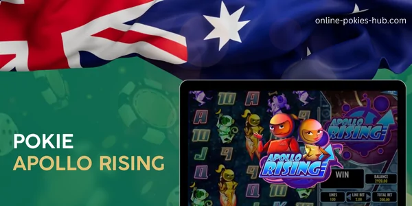 monitor with pokie apollo rising, australian flag, inscription on green playing chips and dice background