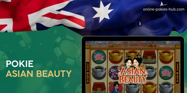 monitor with pokie asian beauty, australian flag, inscription on green playing chips and dice background