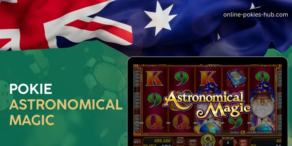 monitor with pokie astronomical magic , australian flag, inscription on green playing chips and dice background