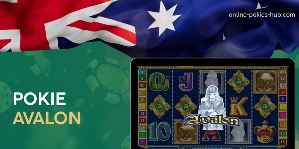 monitor with pokie avalon, australian flag, inscription on green playing chips and dice background