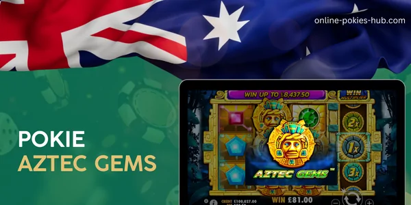 monitor with pokie aztec gems, australian flag, inscription on green playing chips and dice background
