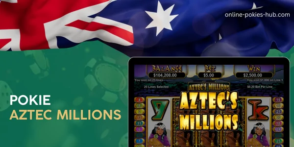 monitor with pokie aztec millions, australian flag, inscription on green playing chips and dice background