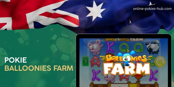 monitor with pokie balloonies farm, australian flag, inscription on green playing chips and dice background