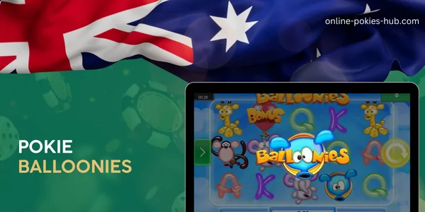 monitor with pokie balloonies, australian flag, inscription on green playing chips and dice background