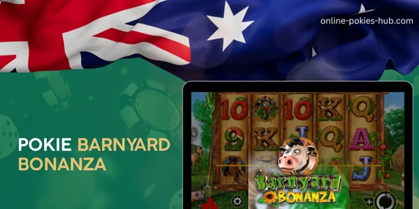 monitor with pokie barnyard bonanza, australian flag, inscription on green playing chips and dice background
