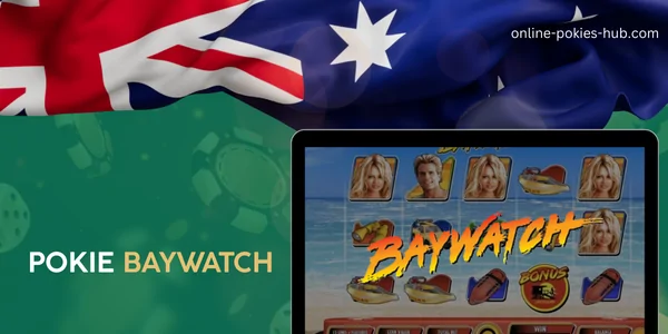 monitor with pokie baywatch, australian flag, inscription on green playing chips and dice background
