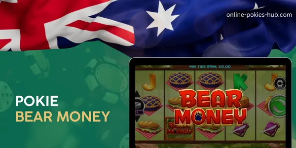 monitor with pokie bear money, australian flag, inscription on green playing chips and dice background