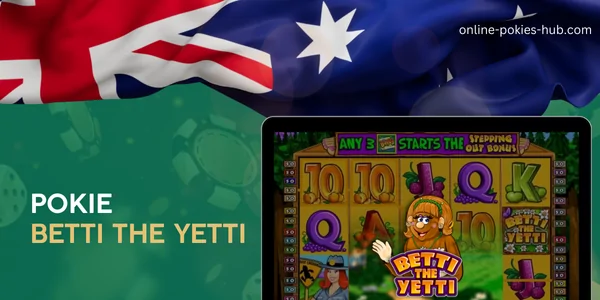monitor with pokie betti the yetti , australian flag, inscription on green playing chips and dice background