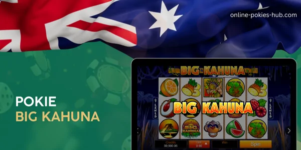 monitor with pokie big kahuna, australian flag, inscription on green playing chips and dice background