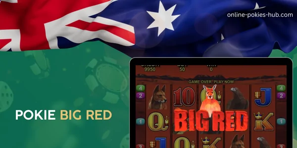 monitor with pokie big red, australian flag, inscription on green playing chips and dice background