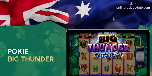 monitor with pokie big thunder, australian flag, inscription on green playing chips and dice background