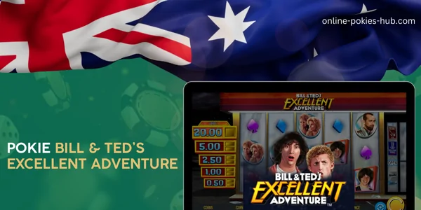 monitor with pokie bill & ted’s excellent adventure, australian flag, inscription on green playing chips and dice background