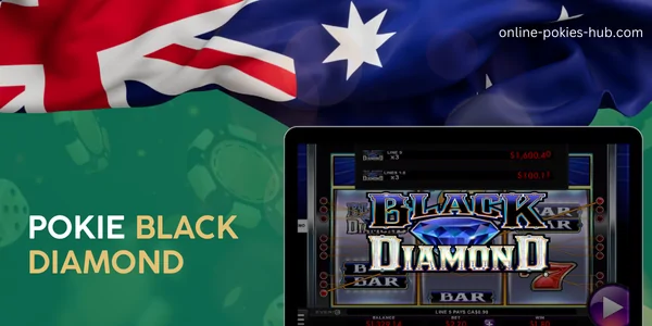 monitor with pokie black diamond, australian flag, inscription on green playing chips and dice background