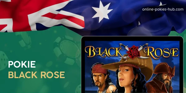 monitor with pokie black rose, australian flag, inscription on green playing chips and dice background