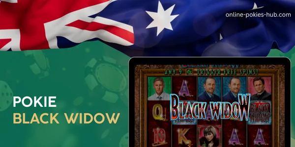 monitor with pokie black widow, australian flag, inscription on green playing chips and dice background