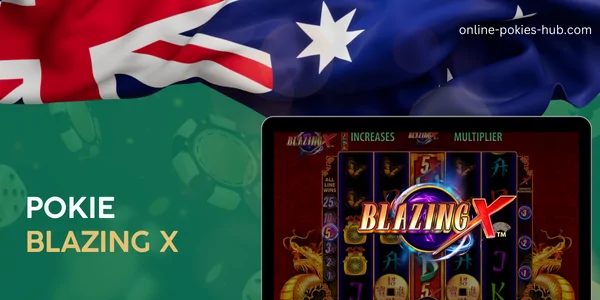 monitor with pokie blazing x, australian flag, inscription on green playing chips and dice background