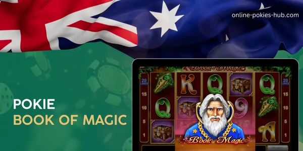 monitor with pokie book of magic, australian flag, inscription on green playing chips and dice background