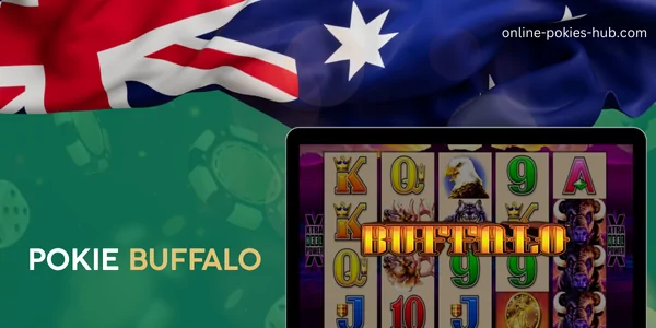 monitor with pokie buffalo, australian flag, inscription on green playing chips and dice background
