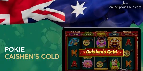 monitor with pokie caishen's gold, australian flag, inscription on green playing chips and dice background