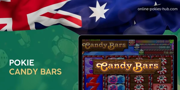 monitor with pokie candy bars, australian flag, inscription on green playing chips and dice background