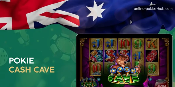 monitor with pokie cash cave, australian flag, inscription on green playing chips and dice background