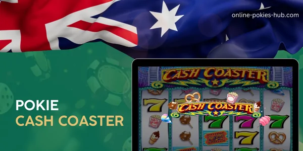 monitor with pokie cash coaster, australian flag, inscription on green playing chips and dice background