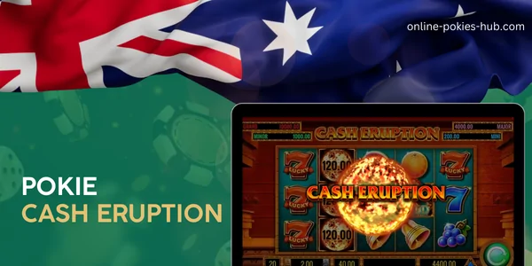 monitor with pokie cash eruption, australian flag, inscription on green playing chips and dice background