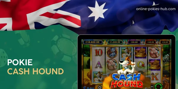monitor with pokie cash hound, australian flag, inscription on green playing chips and dice background