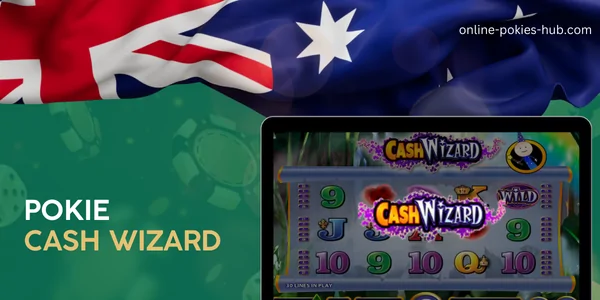 monitor with pokie cash wizard, australian flag, inscription on green playing chips and dice background