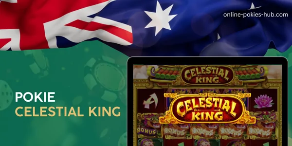 monitor with pokie celestial king, australian flag, inscription on green playing chips and dice background