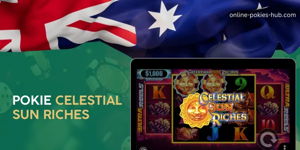 monitor with pokie celestial sun riches, australian flag, inscription on green playing chips and dice background