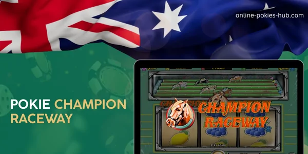 monitor with pokie champion raceway, australian flag, inscription on green playing chips and dice background