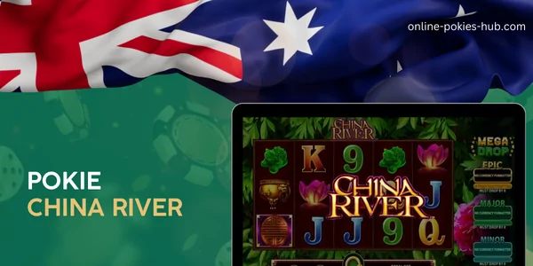 monitor with pokie china river, australian flag, inscription on green playing chips and dice background