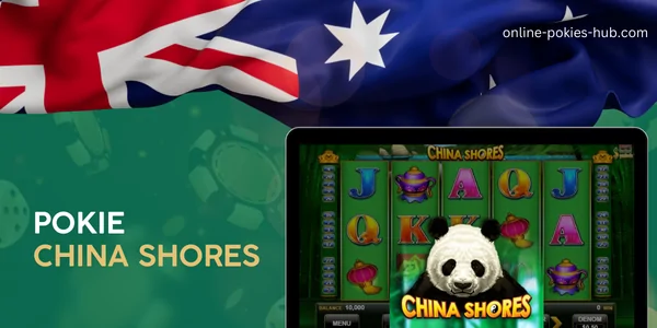 monitor with pokie china shores, australian flag, inscription on green playing chips and dice background