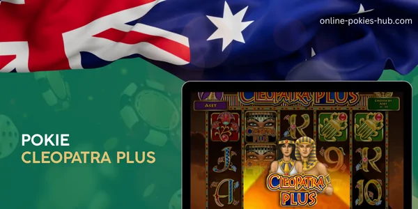 monitor with pokie cleopatra plus, australian flag, inscription on green playing chips and dice background