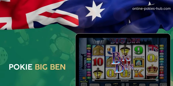 monitor with pokie big ben , australian flag, inscription on green playing chips and dice background