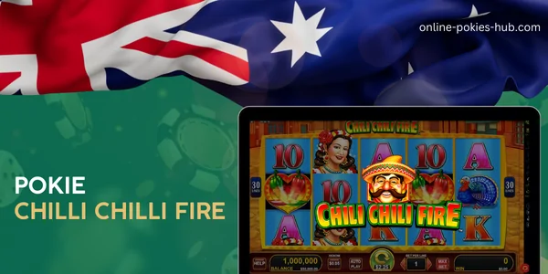 monitor with pokie chilli chilli fire, australian flag, inscription on green playing chips and dice background