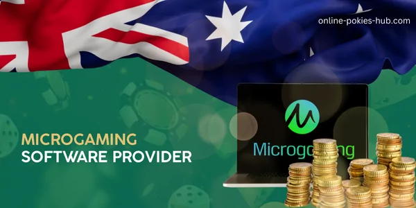 laptop with microgaming game provider, coins, australian flag, inscription on green playing chips and dice background