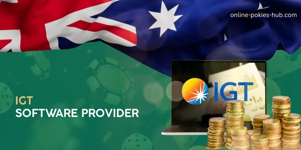 laptop with igt game provider, coins, australian flag, inscription on green playing chips and dice background