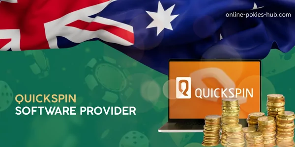 laptop with quickspin game provider, coins, australian flag, inscription on green playing chips and dice background