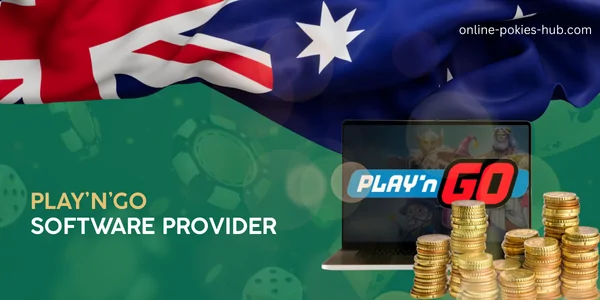 laptop with play’n’go game provider, coins, australian flag, inscription on green playing chips and dice background