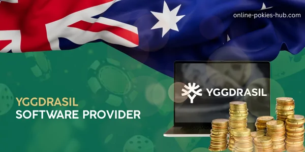 laptop with yggdrasil game provider, coins, australian flag, inscription on green playing chips and dice background