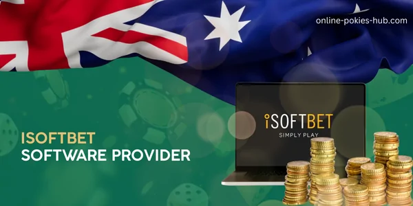 laptop with isoftbet game provider, coins, australian flag, inscription on green playing chips and dice background